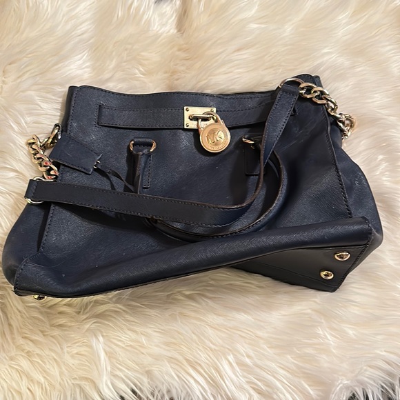 Michael Michael Kors Women's Hamilton Saffiano Leather Medium Satchel, Navy - Picture 1 of 7